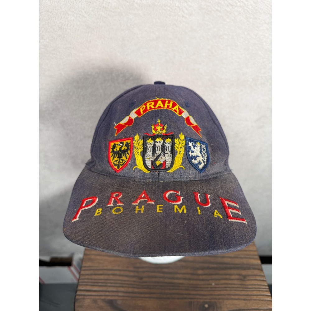 Vintage Prague Bohemia Praha Embroidered Souvenir Hat Navy Blue Distressed Cap